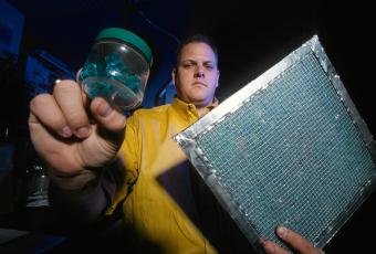 GTRI researchers developed and patented a hydrogel air-cleaning media that removed 50 percent of respirable-sized airborne particles and 80 to 90 percent of gaseous air pollutants, 1998.