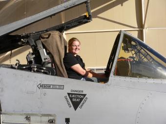 GTRI's Melanie Hill takes the controls during early testing of the A-10 Infrared Countermeasure solution, 2008.