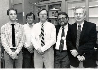 GTRI's Cold Fusion Team (L-R): Gary Beebe, Darrell Acree, Rick Steenblik, James Mahaffey and Billy Livesay, 1989.