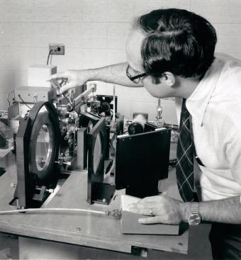 A GTRI engineer makes adjustments to what, at the time, was the world’s highest frequency millimeter wave radar, 1981.